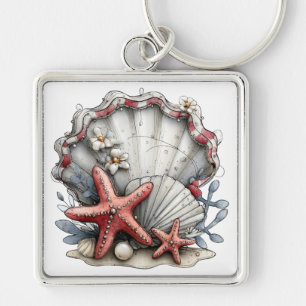 PORTE-CLÉS COQUILLES TROPICALES ET FLEURS BLANC GRIS ROUGE