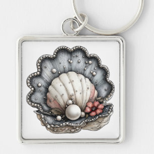 PORTE-CLÉS COQUILLES TROPICALES & FLEURS BLANC GRIS ROUGE