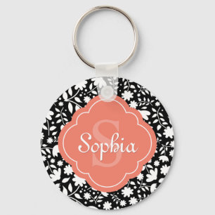 Porte-clés Corail Monogramme Quatrefoil noir motif floral