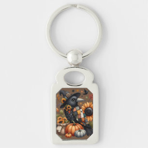 Porte-clés Corbeau fantaisiste avec citrouilles et tournesols