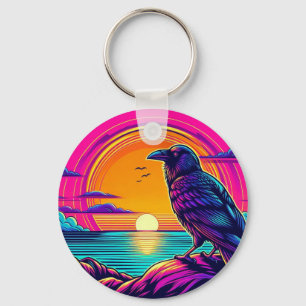 Porte-clés Corbeau mystique au coucher du soleil psychédéliqu