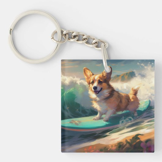 Porte-clés Corgi Beach Surf Peinture (Devant)
