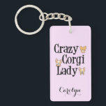 Porte-clés Corgi Lady Rose Crazy<br><div class="desc">Ce mignon Pembroke Welsh Corgi porte - clé présente de jolis chiots de corgi pour une dame Crazy Corgi. Personnalisez-le avec un nom pour un bon cadeau de propriétaire Corgi.</div>