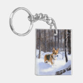 Porte-clés Corgi Noël sous la neige (Devant gauche)