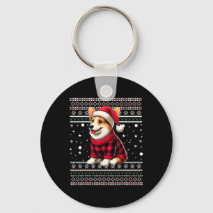 Porte-clés Corgi Ugly Funny Santa Hat Buffalo Plaid Noël