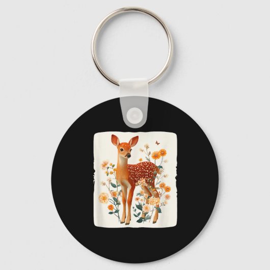 Porte-clés Costume graphique avec fleurs de printemps et faon (Recto)