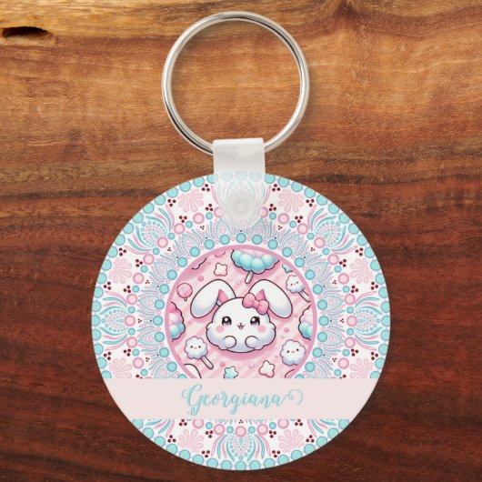 Porte-clés Coton Personnalisé Candy Kawaii Bunny Dot Mandala (Recto)