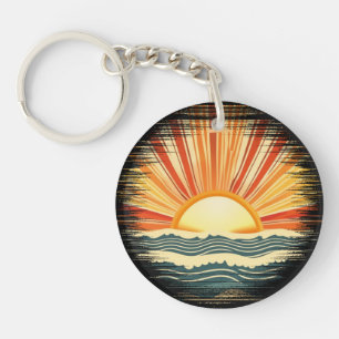 Porte-clés Coucher de soleil et océan rétro vintage