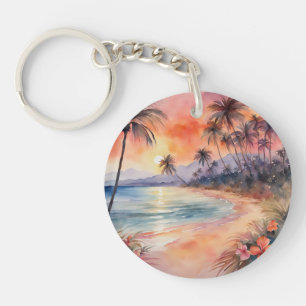 Porte-clés Coucher de soleil rose orange Plage tropicale Palm
