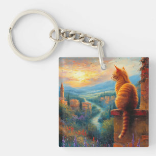 Porte-clés Coucher de soleil toscan avec un chat roux