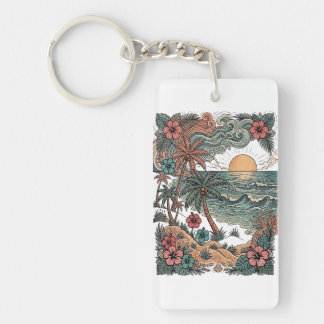 Porte-clés Coucher de soleil vintage à Hawaï et palmiers
