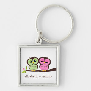 Porte-clés Couple de hiboux rose et vert