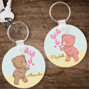 Porte-clés Couple de l'ours dans Love Bleu Personnalisé