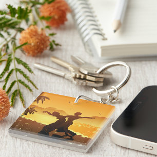 Porte-clés Couple Tropical Dansant à la Plage au Coucher du S