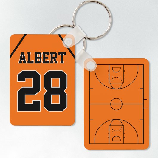 Porte-clés Cour de basket-ball orange et noir et Jersey perso