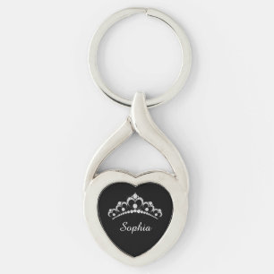 Porte-clés Couronne de diamant blanc, nom de script DIY, noir