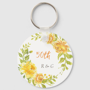 Porte-clés Couronne de fleurs jaunes 50e Mariage Monogramme
