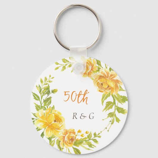 Porte-clés Couronne de fleurs jaunes 50e Mariage Monogramme (Recto)