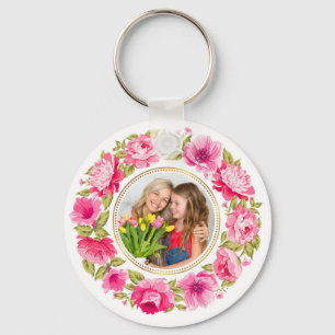 Porte-clés Couronne de fleurs rose élégante avec photo person