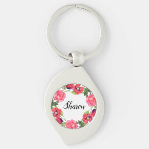 Porte-clés Couronne de fleurs rouges et roses à l'aquarelle
