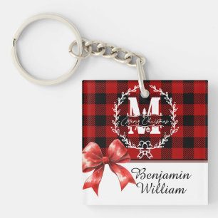 Porte-clés Couronne de monogramme de Noël en carreaux de Buff