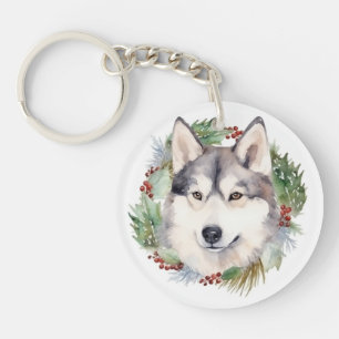 Porte-clés Couronne de Noël festive avec Husky sibérien