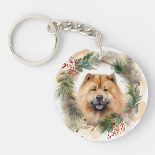 Porte-clés Couronne de Noël festive Chow chow chiot