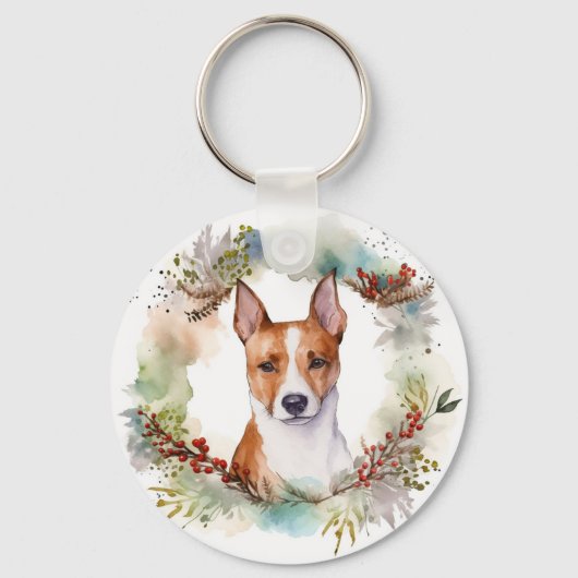 Porte-clés Couronne de Noël festive de Basenji (Recto)