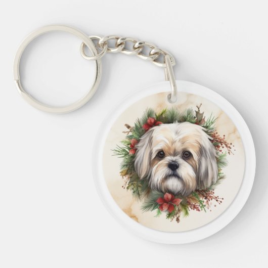 Porte-clés Couronne de Noël festive Lhasa Apso (Devant)