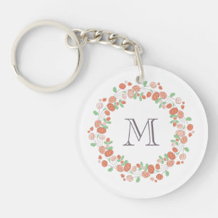 Porte-clés couronne de roses corail monogramme
