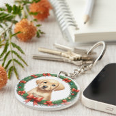 Porte-clés Couronne festive de chiot Labrador à Noël (Devant Droit)