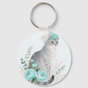 Porte-clés Couronne Florale Chat Gris