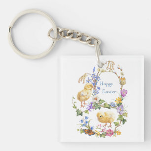 Porte-clés Couronne florale de Pâques à l'aquarelle avec pous