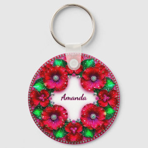 Porte-clés Couronne florale ronde avec des bijoux rouges et v