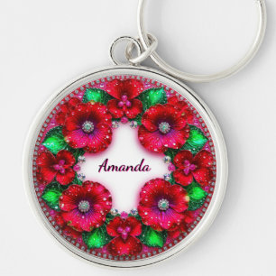 Porte-clés Couronne florale ronde avec des bijoux rouges et v