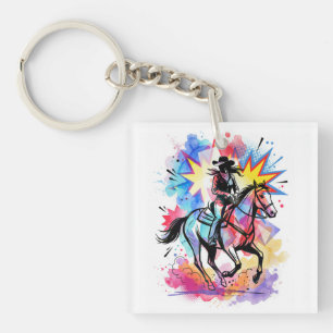 Porte-clés Cowgirl Colorée Cheval Aquarelle Pop Art