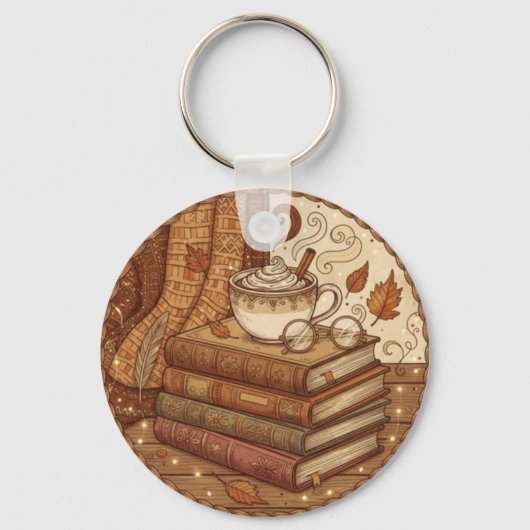 Porte-clés Cozy Autumn Books and Coffee Illustration (Recto)