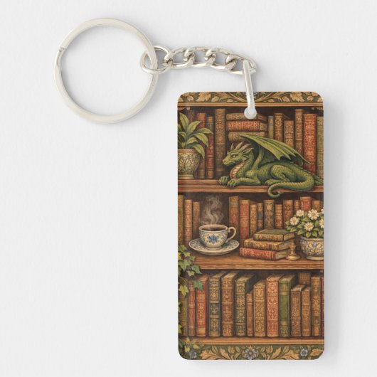 Porte-clés Cozy retro book shelf dragon coffee tea lover (Devant)