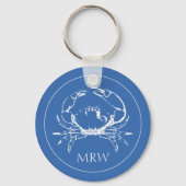 Porte-clés Crabe blanc côtier sur monogramme bleu classique (Recto)