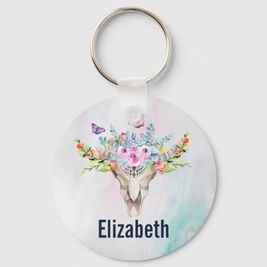 Porte-clés Crâne animal Boho avec papillons et fleurs (Recto)
