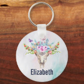 Porte-clés Crâne animal Boho avec papillons et fleurs (Recto)