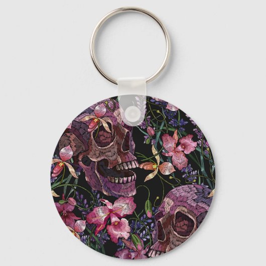 Porte-clés Crâne brodé : Motif gothique de l'orchidée (Recto)