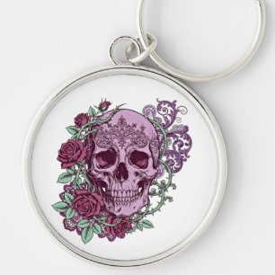 Porte-clés Crâne de Lavande avec Motif Gothique de Roses