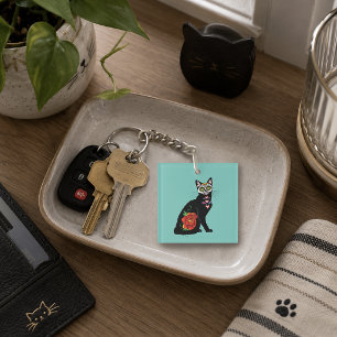 Porte-clés Crâne de Sucre Chat Noir Rose Turquoise Cœur