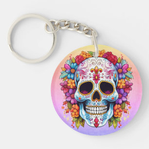 Porte-clés Crâne de sucre floral pastel