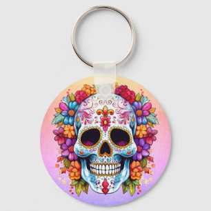Porte-clés Crâne de sucre floral pastel