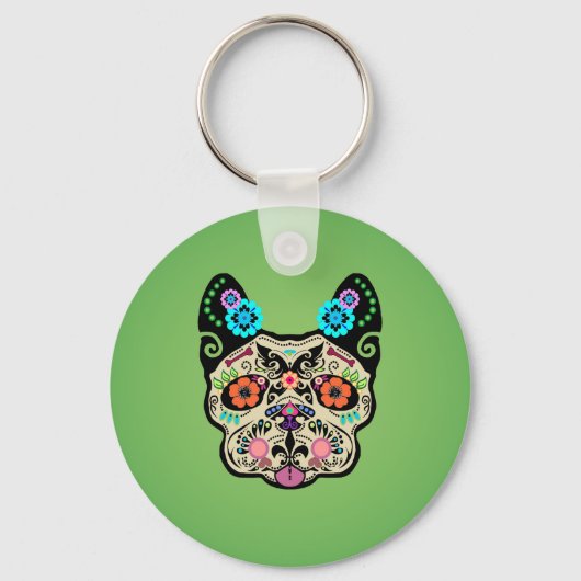 Porte-clés Crâne de sucre Frenchie - Vert (Recto)