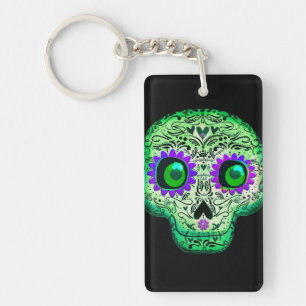 Porte-clés Crâne de sucre noir illuminé vert et violet pour H