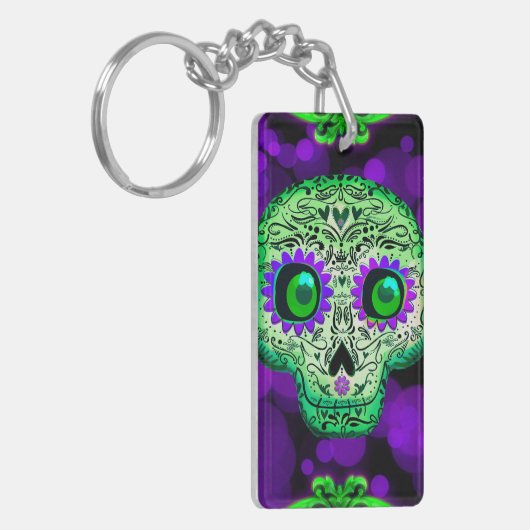 Porte-clés Crâne de sucre vert et violet brillant Halloween (Devant gauche)