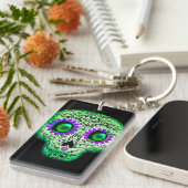 Porte-clés Crâne de sucre vert et violet brillant Halloween n (Devant droit)